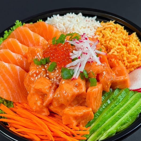 Salmon poke bowl with fresh salmon, salmon roe, rice, carrots, cucumber, and radish.