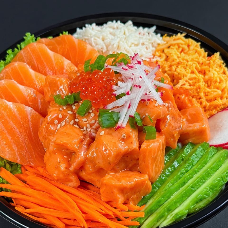 Salmon poke bowl with fresh salmon, salmon roe, rice, carrots, cucumber, and radish.