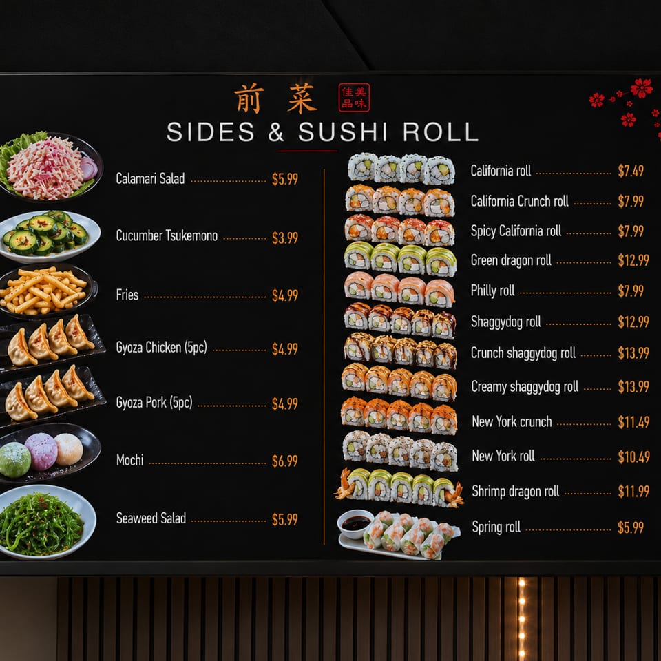 A digital menu board displaying various sushi rolls, sides like calamari salad, fries, gyoza, mochi, and seaweed salad.
