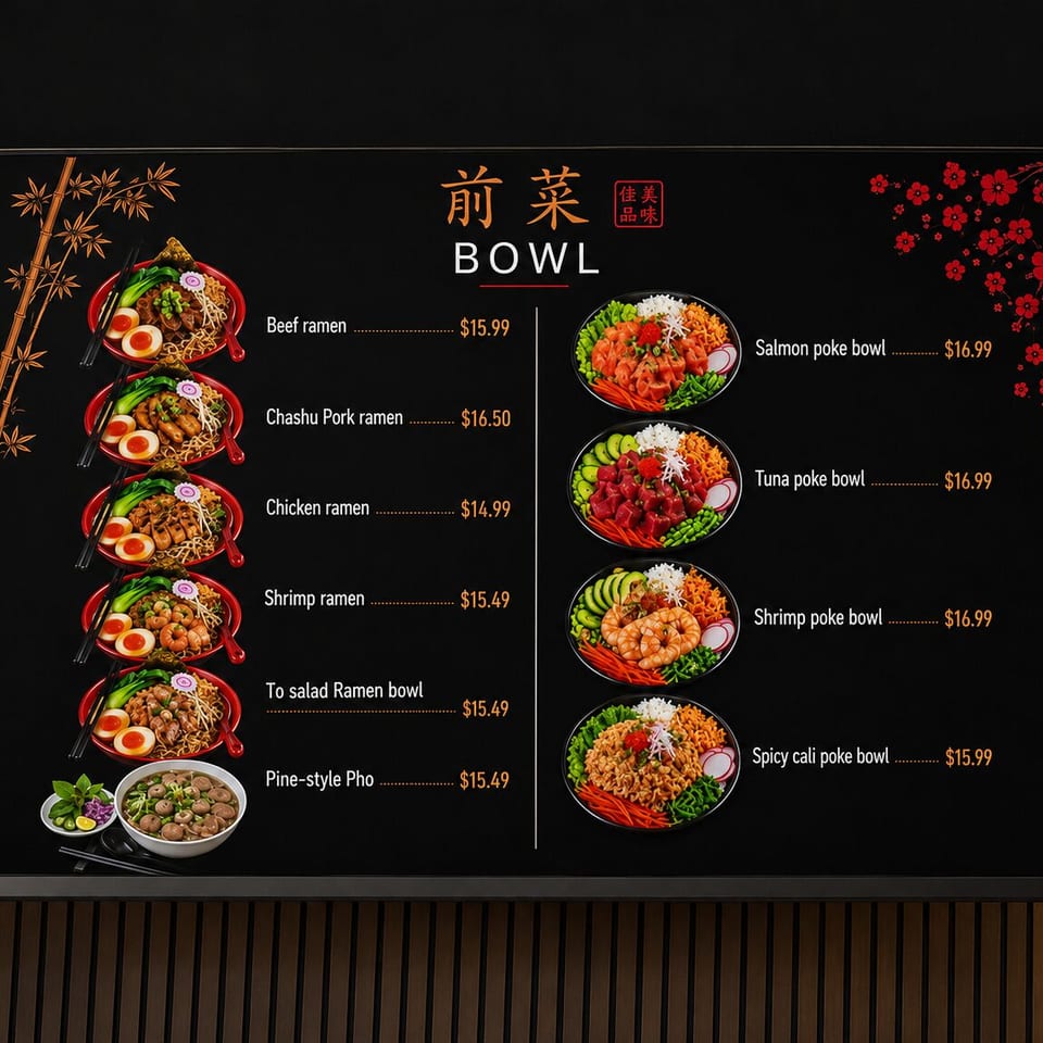 Digital menu board displaying various ramen and poke bowls with prices on a black background.