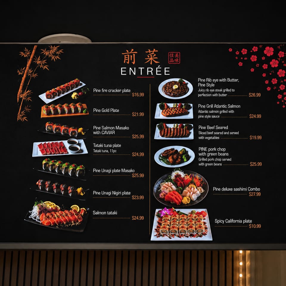 A digital menu board displays various sushi and entree dishes with prices, including salmon tataki and grilled salmon.