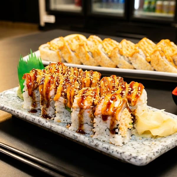 Two plates of sushi rolls, one with eel sauce and sesame seeds, the other with spicy mayo.