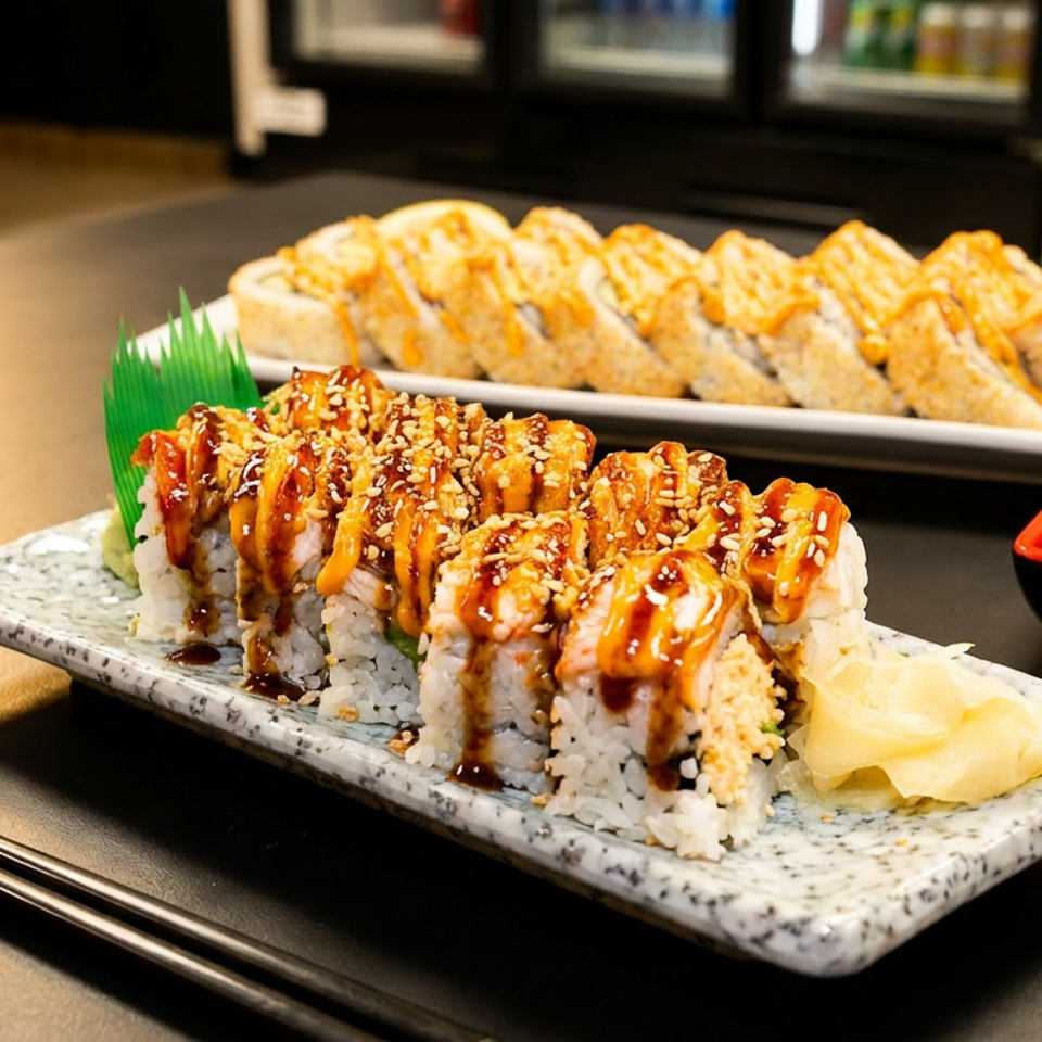 Two plates of sushi rolls, one with eel sauce and sesame seeds, the other with spicy mayo.