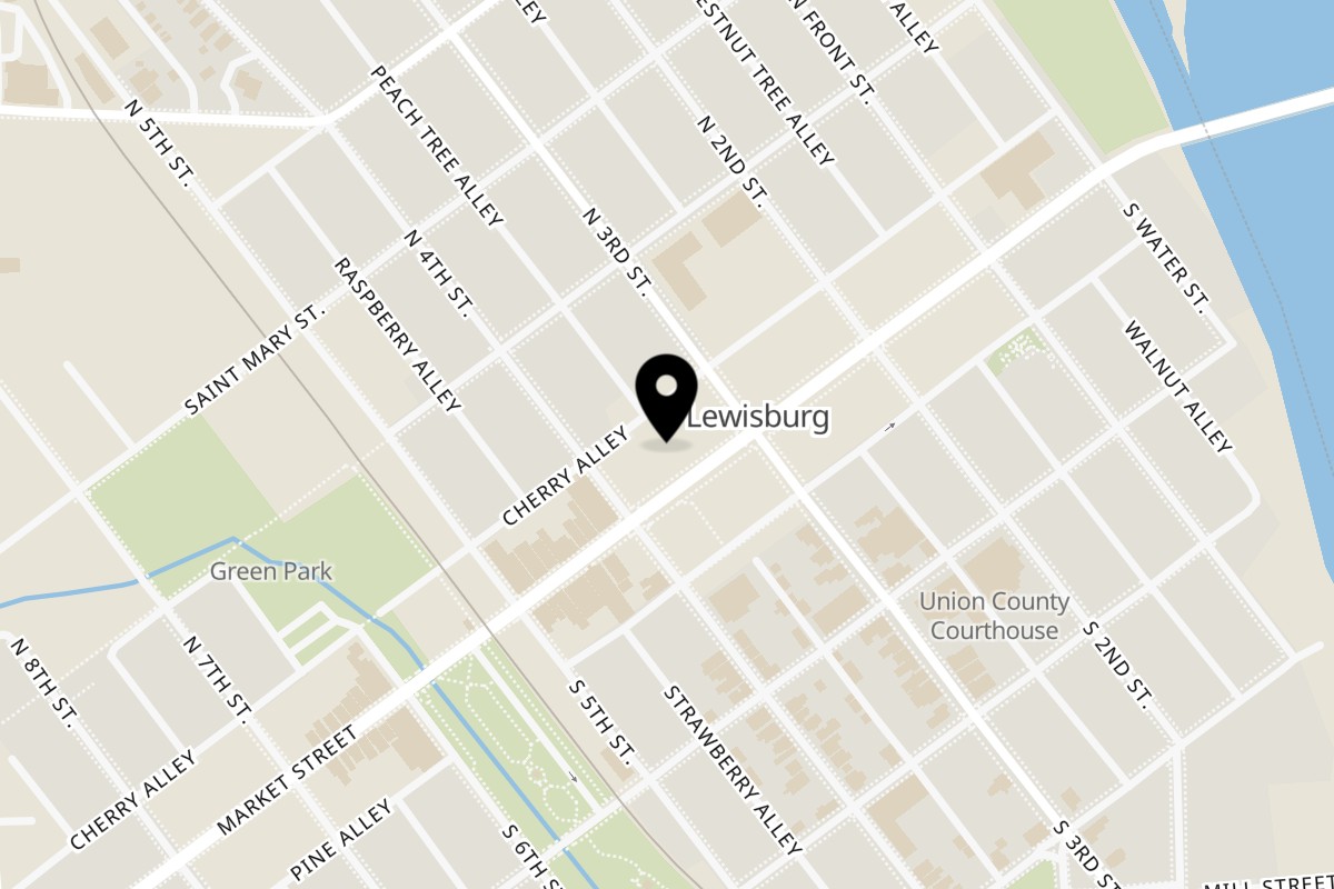 Map showing the location of Pine Sushi and Ramen on 316 Market St in Lewisburg